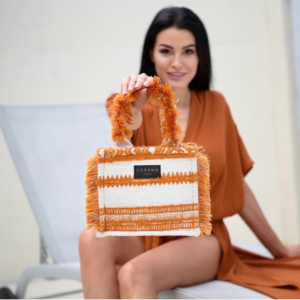 Sorena Orange & Cream Textured Fringe Crossbody Tote
